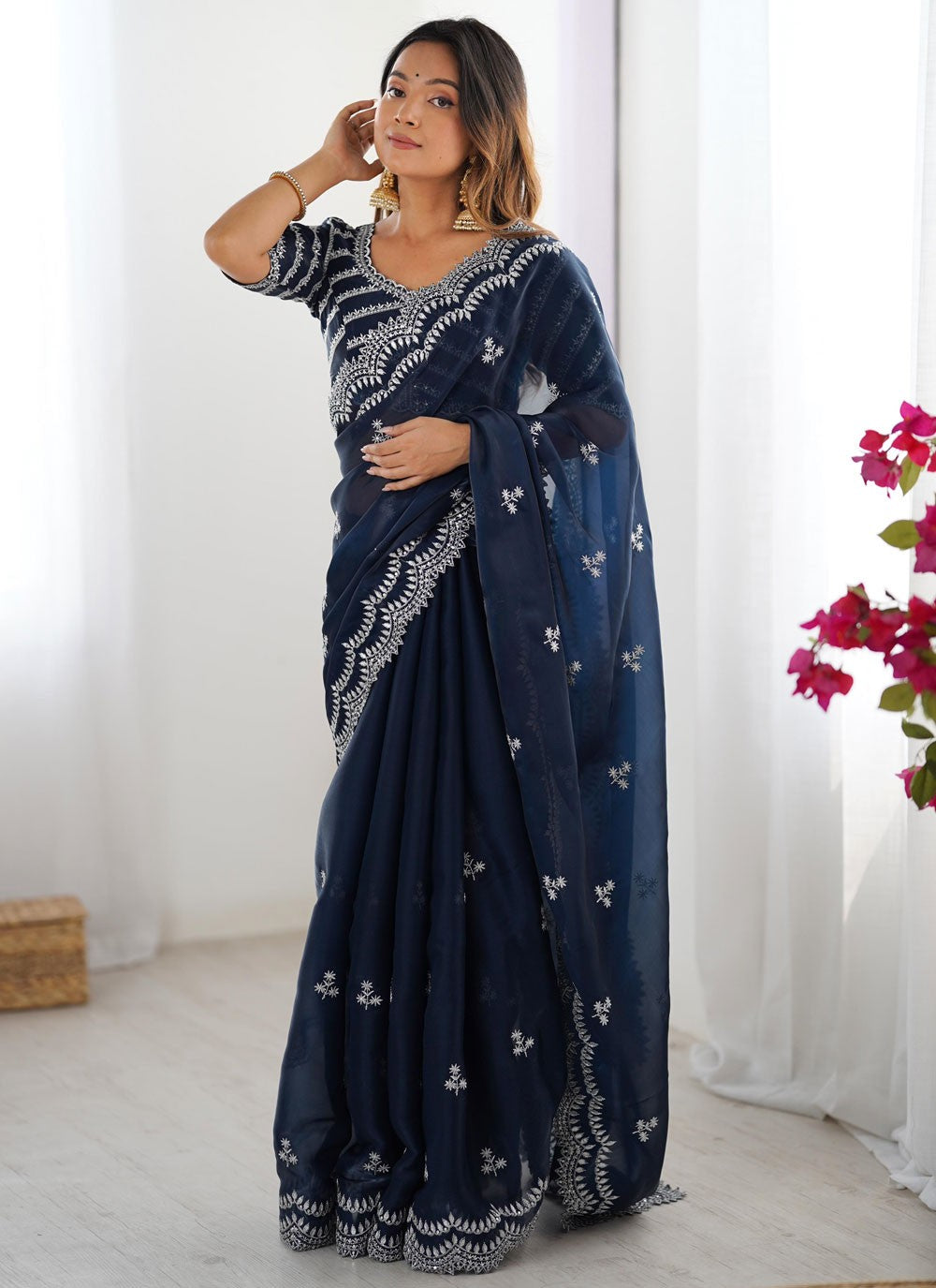 Navy Blue Jimmy Chu Classic Saree Sequins, Thread S15714