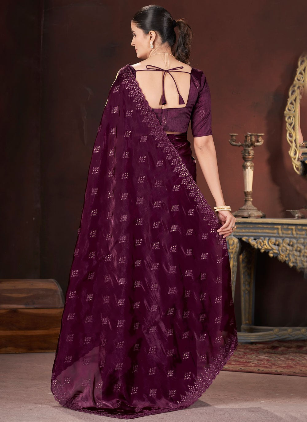 Cut Work Jimmy Chu Wine Traditional Saree S15601