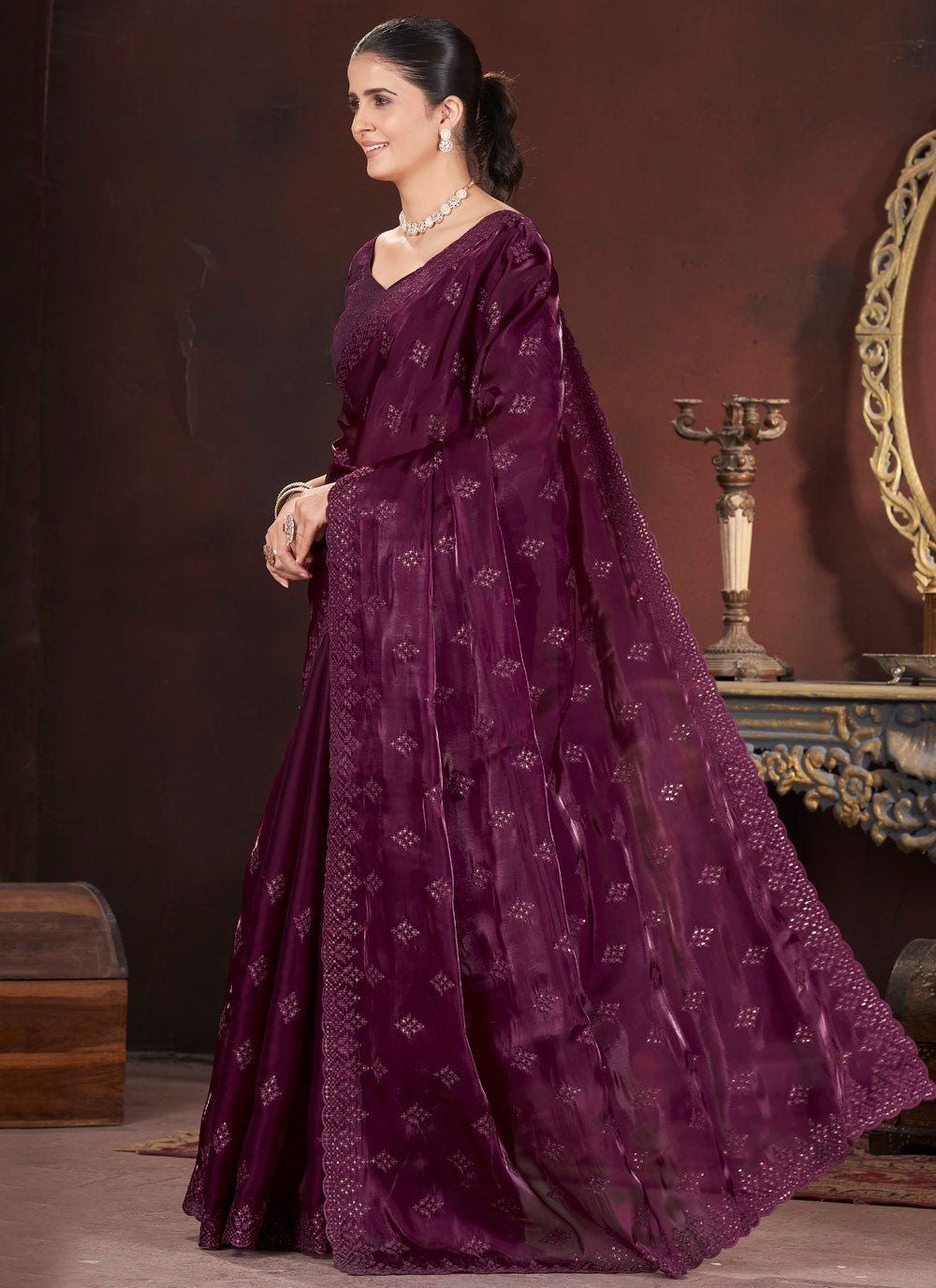 Cut Work Jimmy Chu Wine Traditional Saree S15601