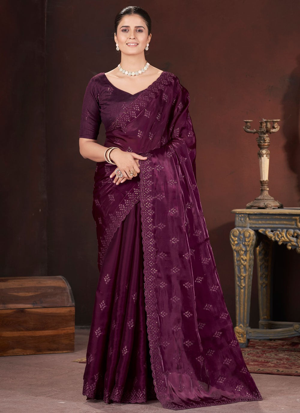 Cut Work Jimmy Chu Wine Traditional Saree S15601