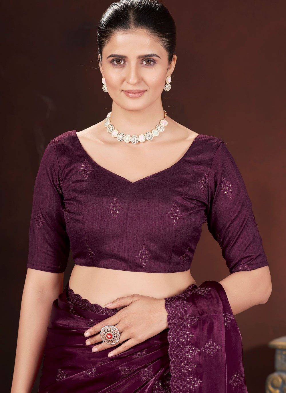 Cut Work Jimmy Chu Wine Traditional Saree S15601