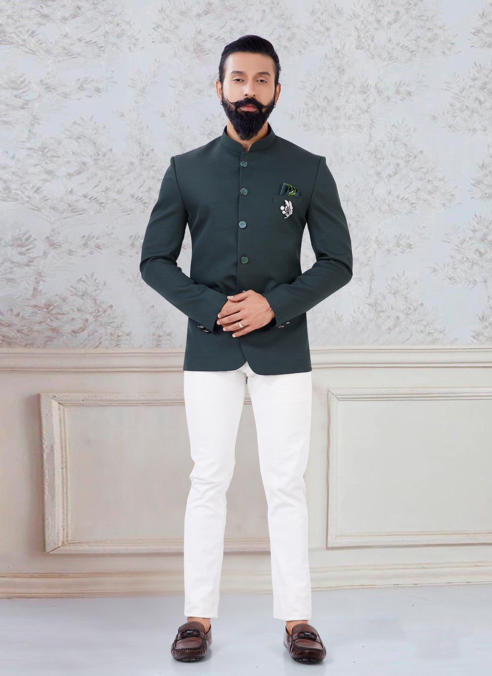 Buttons Imported Green Jodhpuri Suit - M3121