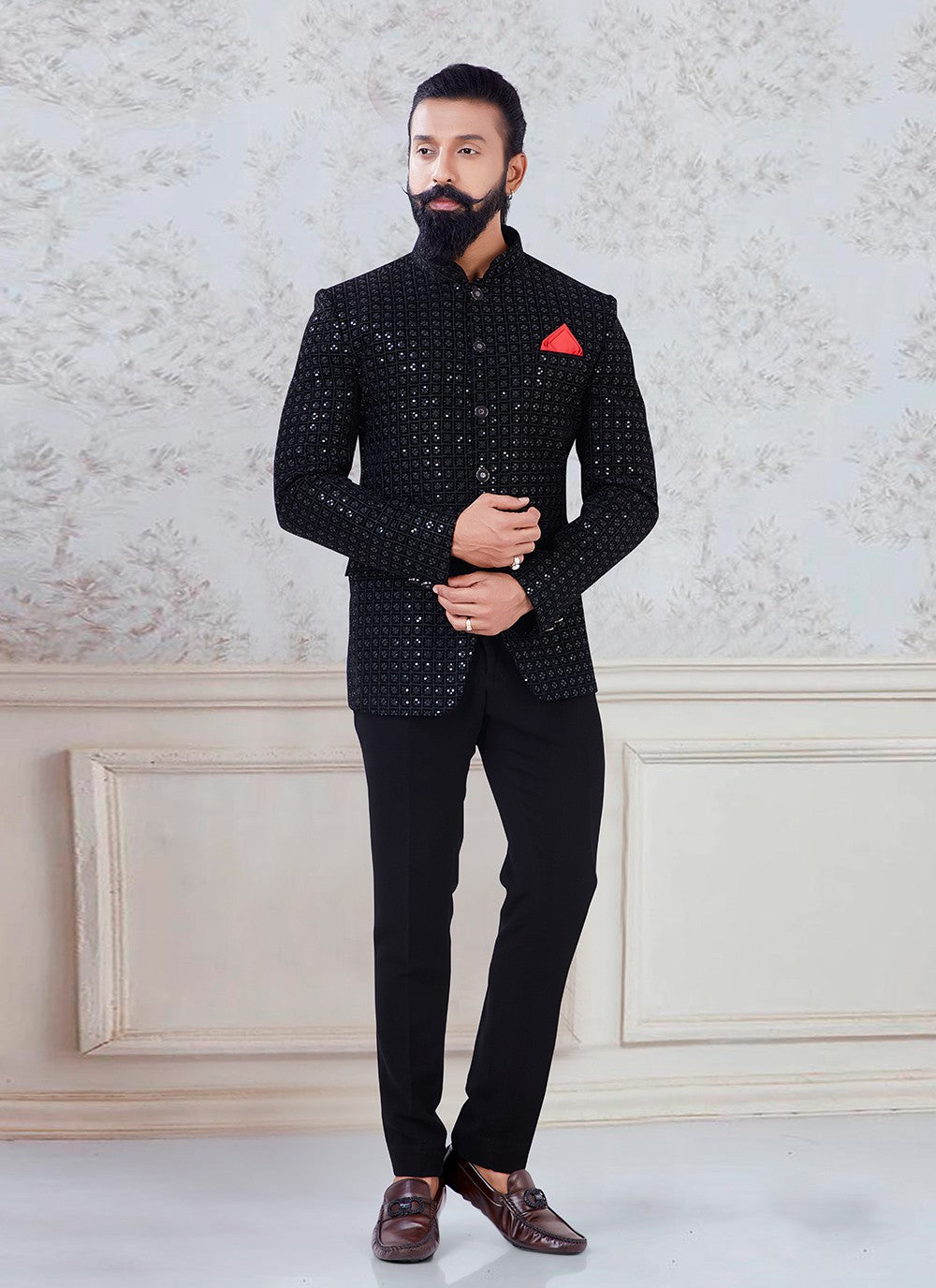 Buttons Velvet Black Jodhpuri Suit - M3122