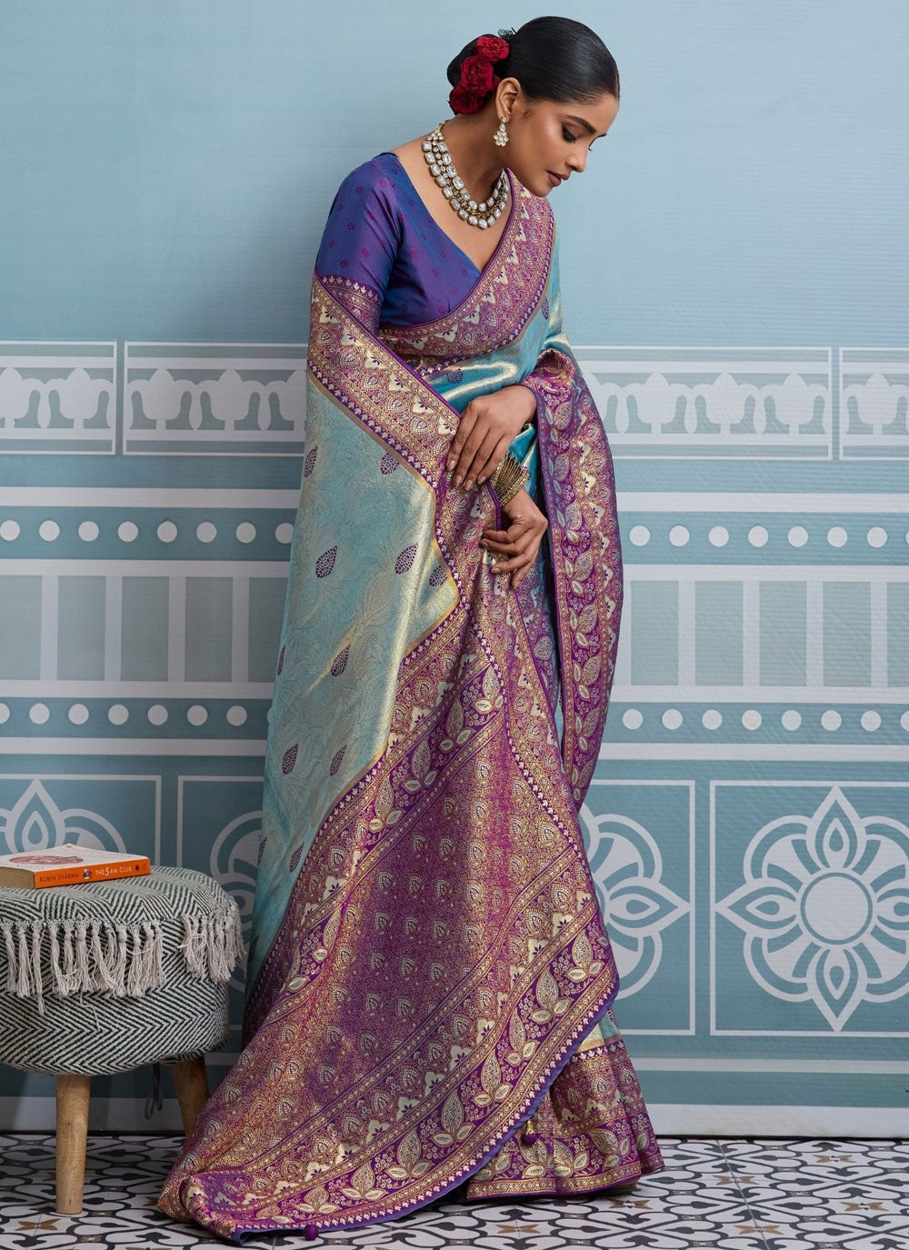 Aqua Blue Kanjivaram Silk Trendy Saree Weaving Zari S19814