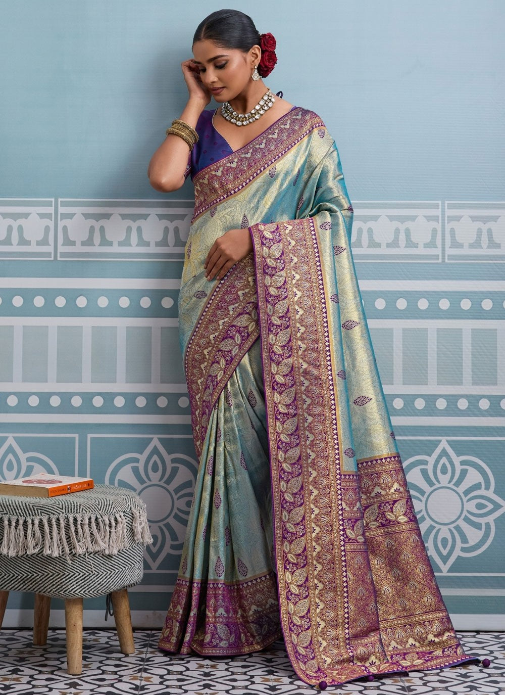 Aqua Blue Kanjivaram Silk Trendy Saree Weaving Zari S19814