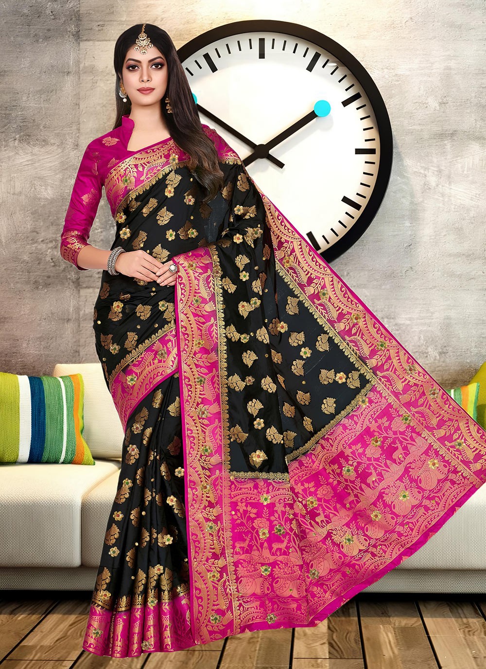 Hand Embroidery Kanjivaram Silk Black Saree S13758