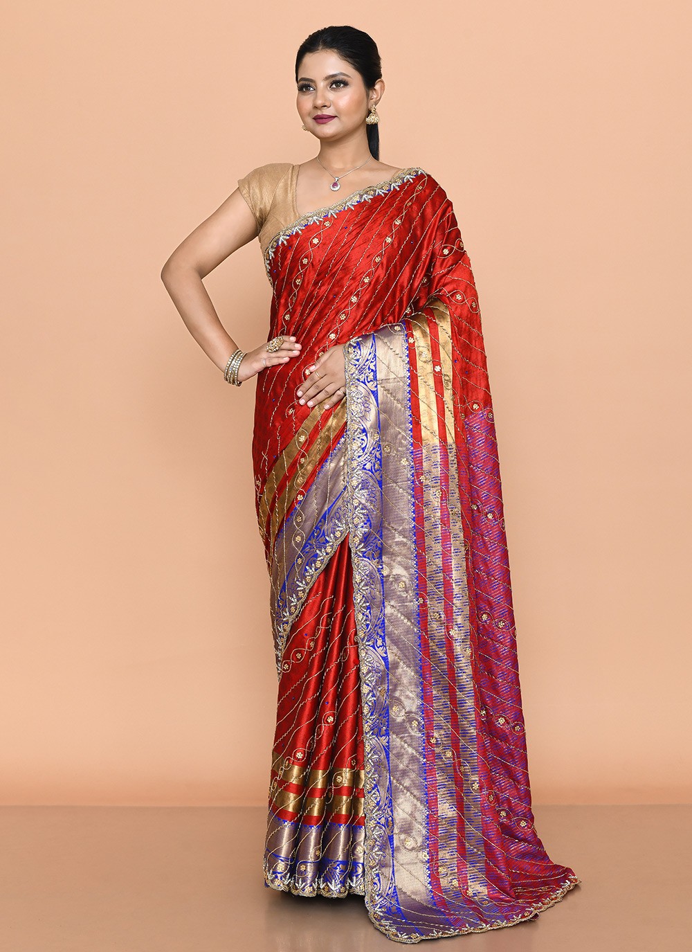 Trendy Saree Hand Embroidery Red Kanjivaram Silk Saree S13104
