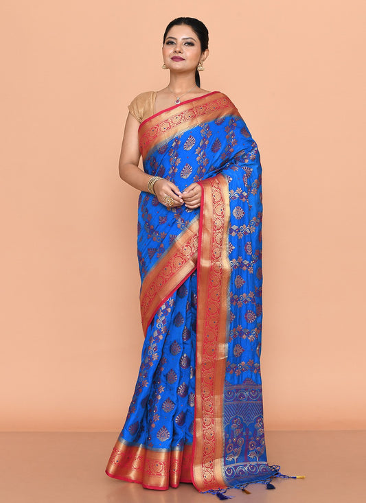 Classic Saree Hand Embroidery Blue Kanjivaram Silk Saree S13111