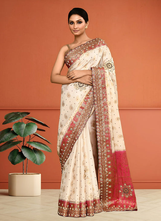 Hand Embroidery Kanjivaram Silk Cream Saree S14260