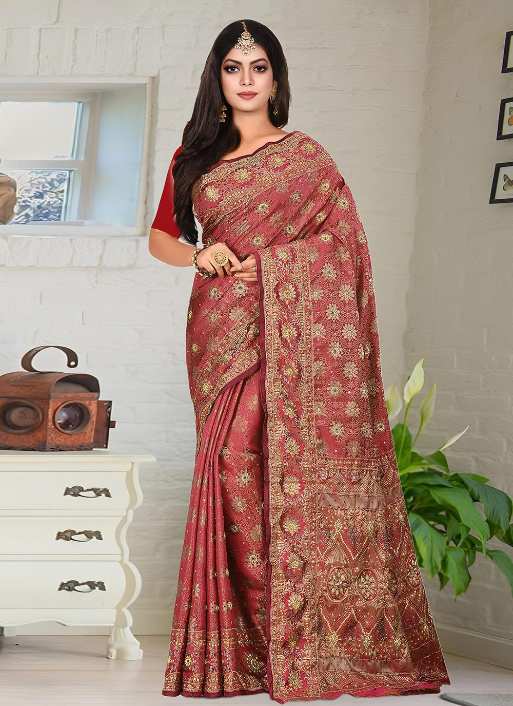 Hand Embroidery Kanjivaram Silk Maroon Saree S13754