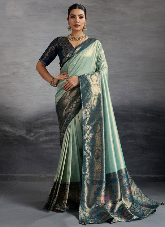 Aqua Blue Kanjivaram Silk Classic Saree Meenakari, Woven, Zari S17634