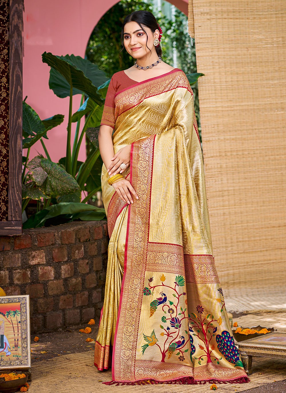 Gold Kanjivaram Silk Contemporary Saree Weaving Zari S17766