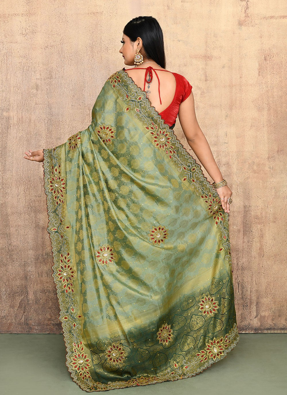 Contemporary Hand Embroidery Green Kanjivaram Silk Saree S13110