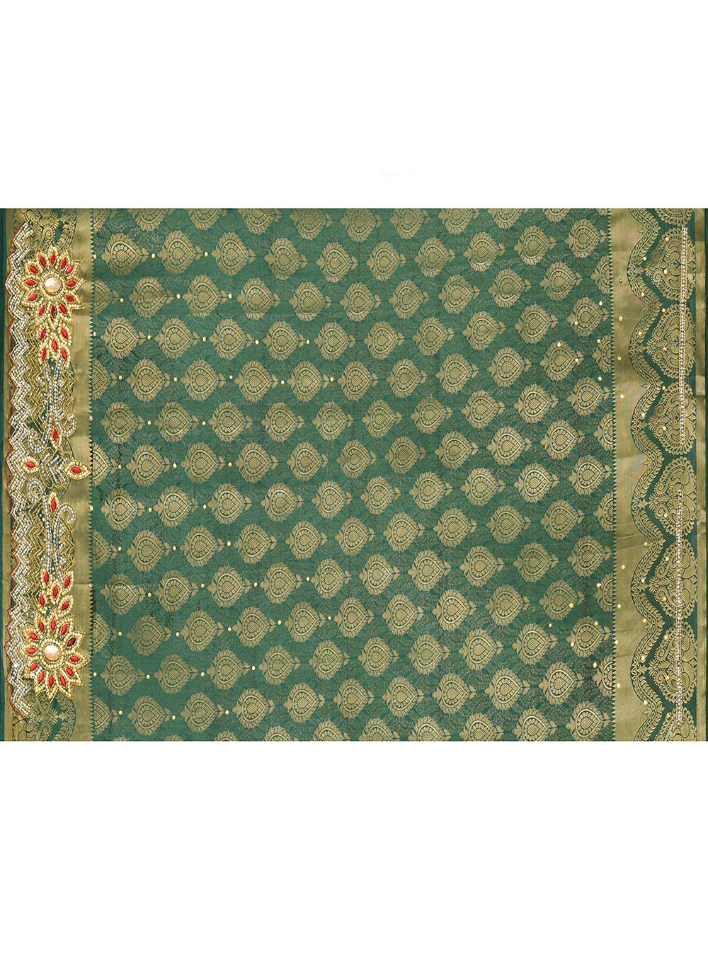 Contemporary Hand Embroidery Green Kanjivaram Silk Saree S13110