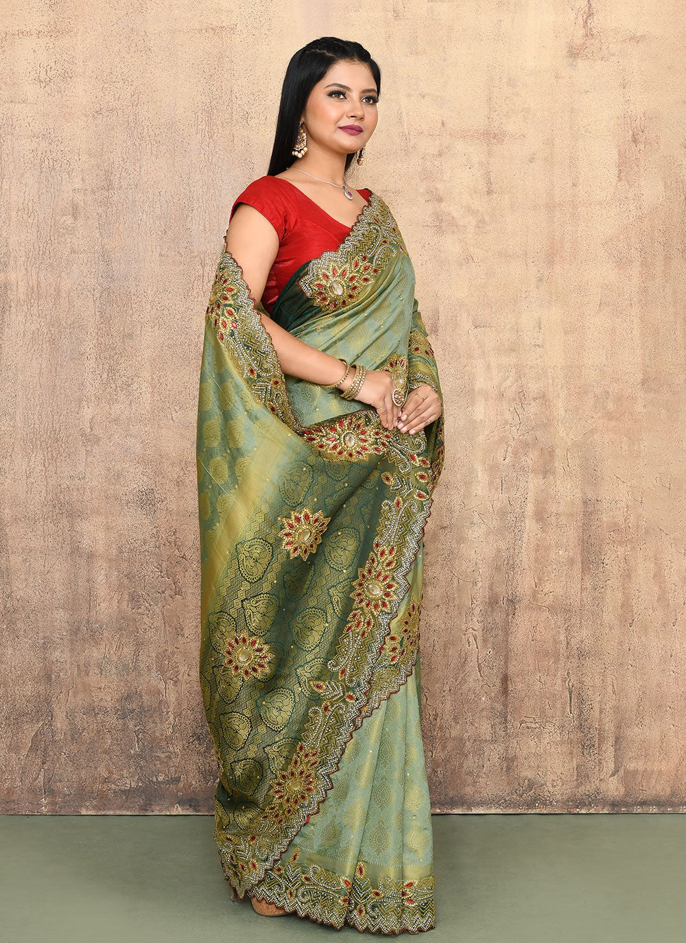 Contemporary Hand Embroidery Green Kanjivaram Silk Saree S13110