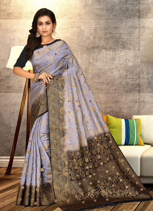 Hand Embroidery Kanjivaram Silk Lavender Saree S13761