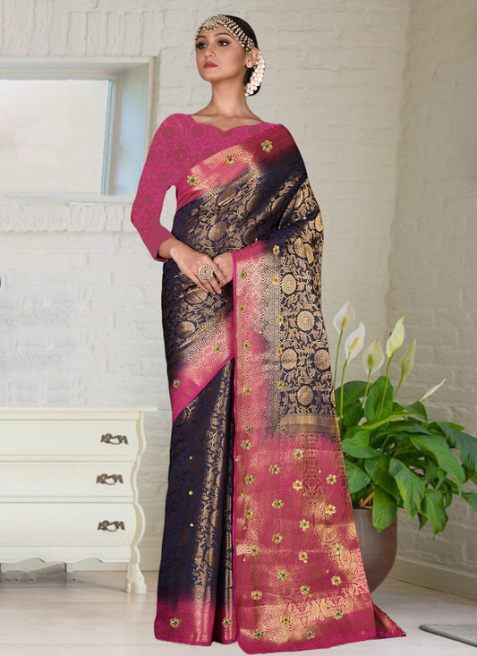 Hand Embroidery Kanjivaram Silk Navy Blue Saree S13765