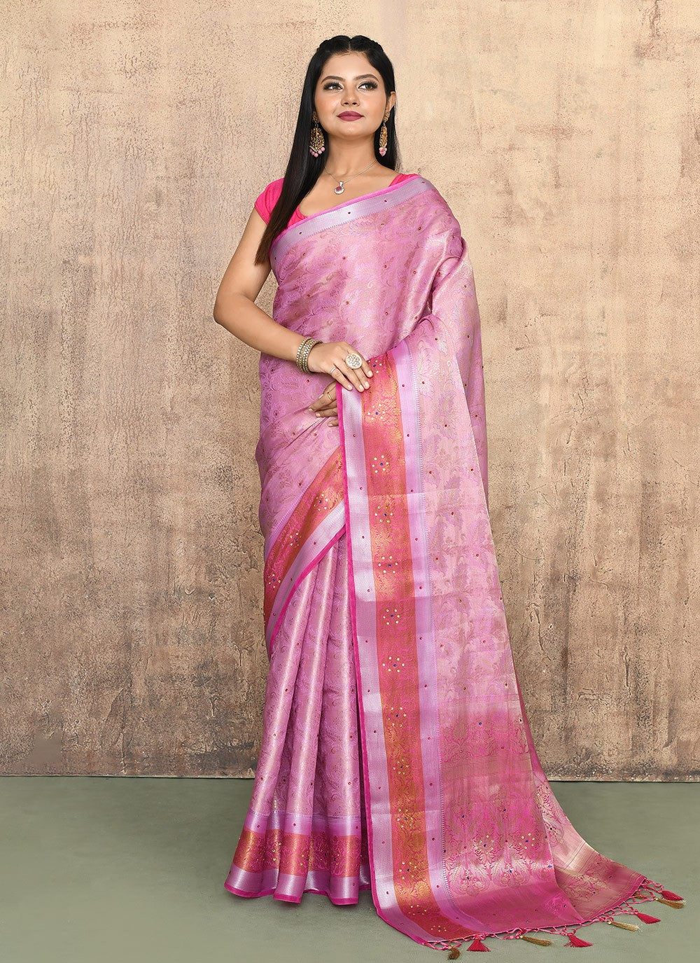 Classic Saree Hand Embroidery Pink Kanjivaram Silk Saree S13145