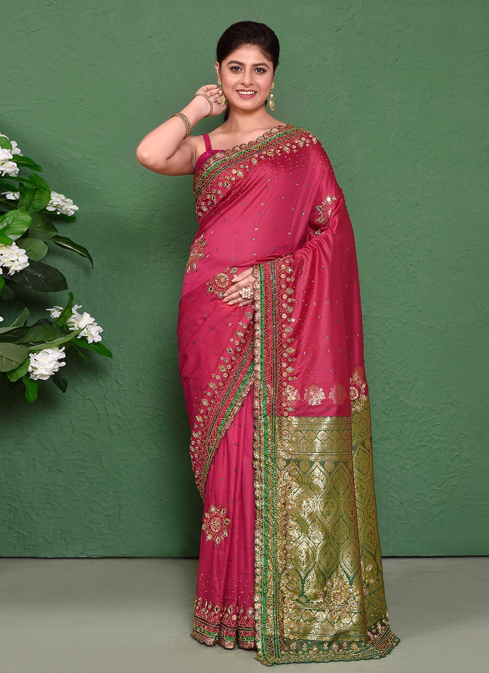 Hand Embroidery Kanjivaram Silk Hot Pink Saree S14322
