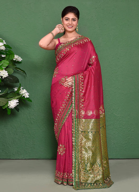 Hand Embroidery Kanjivaram Silk Hot Pink Saree S14322