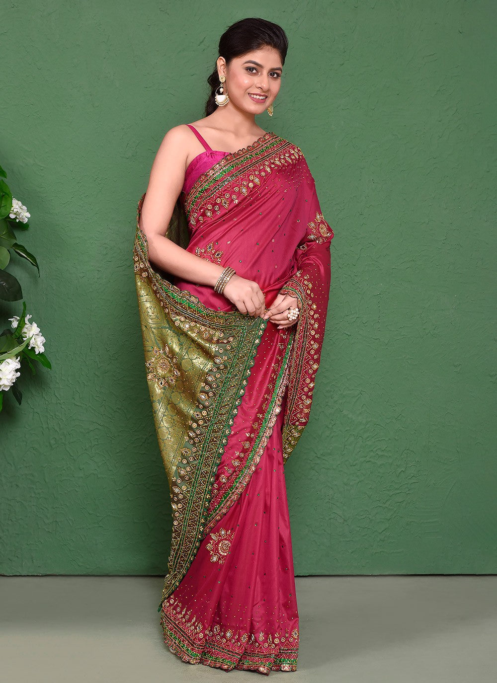 Hand Embroidery Kanjivaram Silk Hot Pink Saree S14322