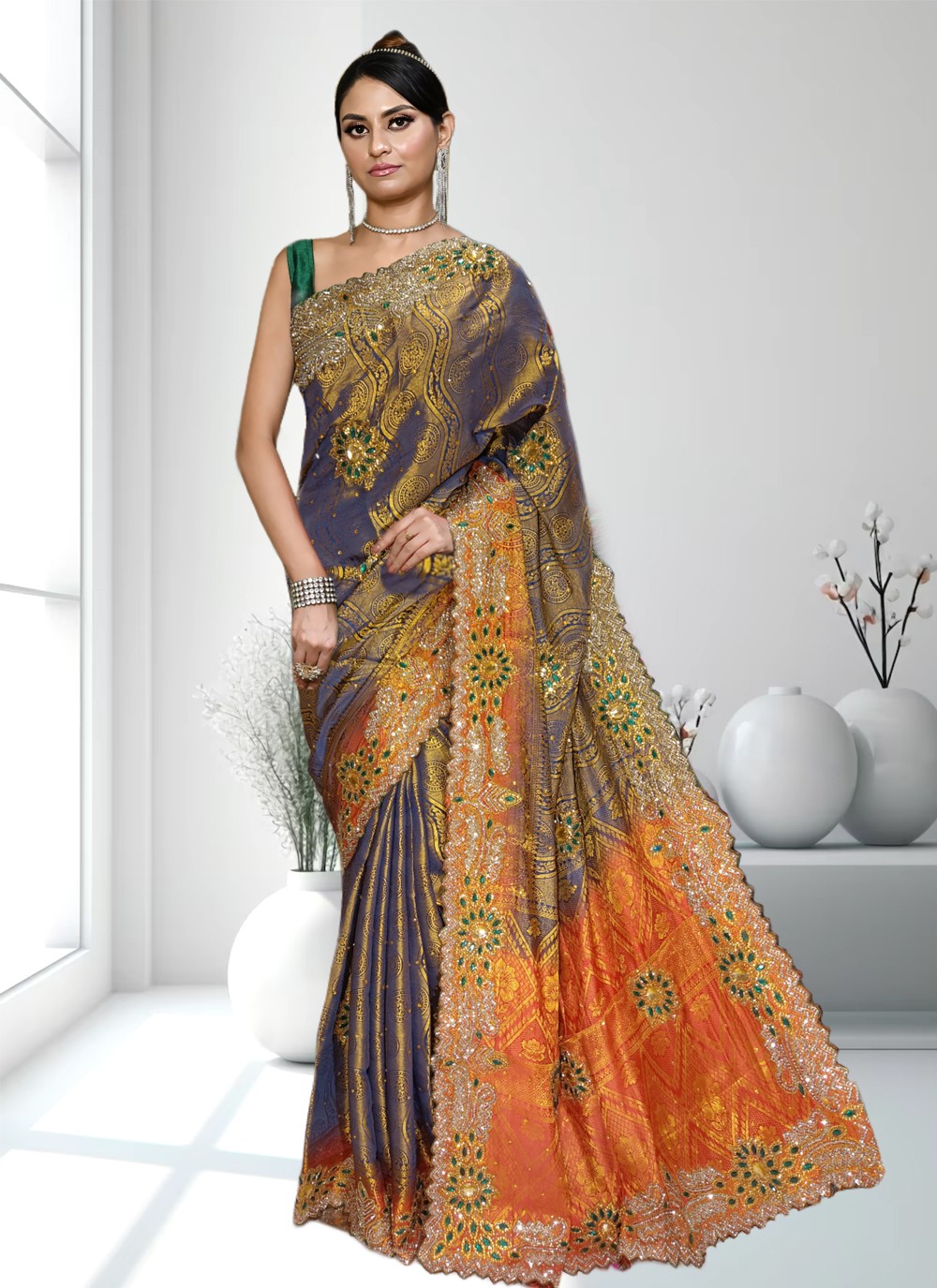Trendy Hand Embroidery Kanjivaram Silk Saree - S4103