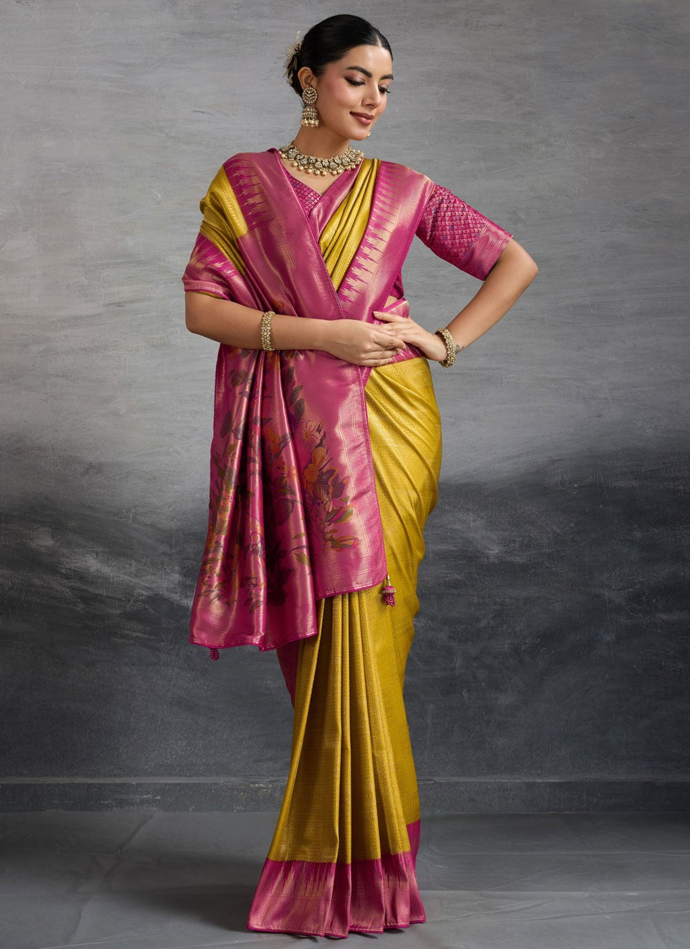 Mustard Kanjivaram Silk Designer Saree Meenakari, Weaving Zari, Zari S19374