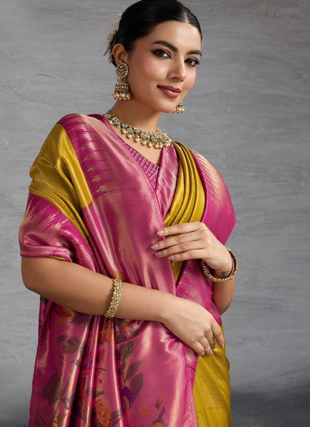 Mustard Kanjivaram Silk Designer Saree Meenakari, Weaving Zari, Zari S19374