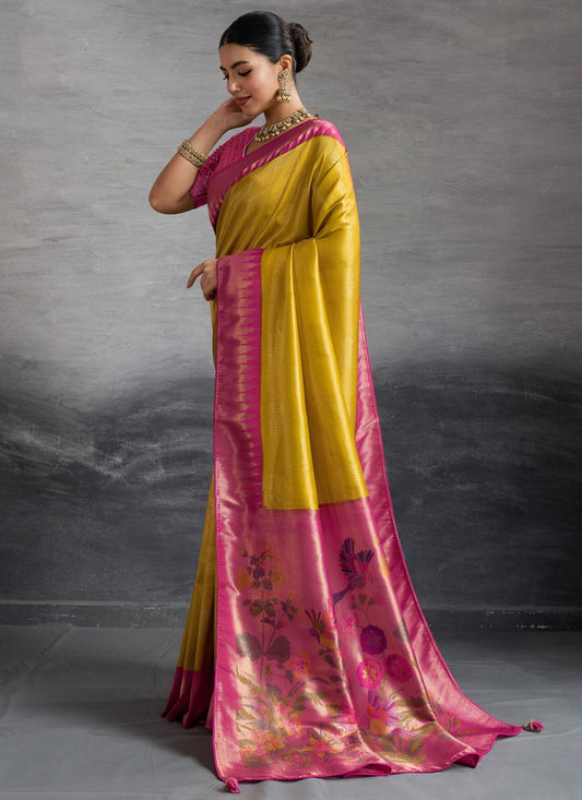 Mustard Kanjivaram Silk Designer Saree Meenakari, Weaving Zari, Zari S19374