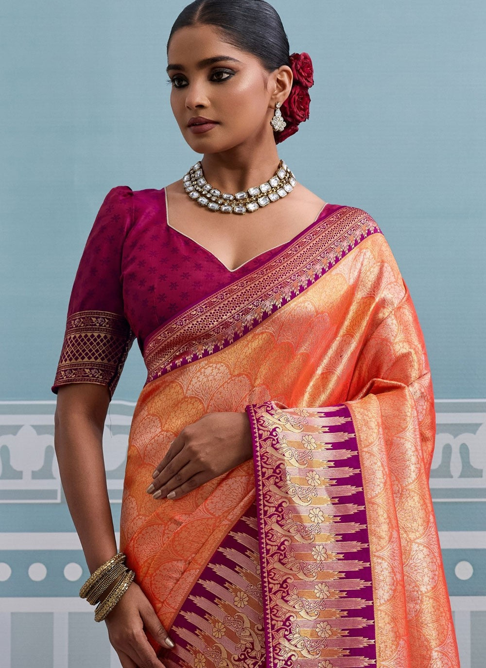 Peach Kanjivaram Silk Classic Saree Weaving Zari S19820