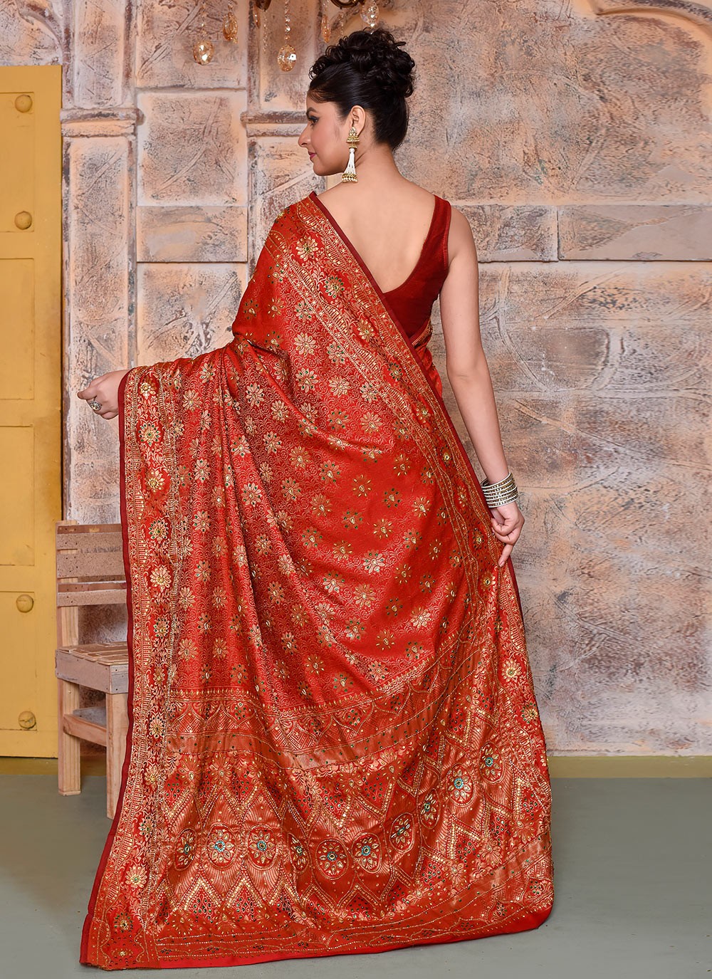 Hand Embroidery Kanjivaram Silk Red Saree S14362
