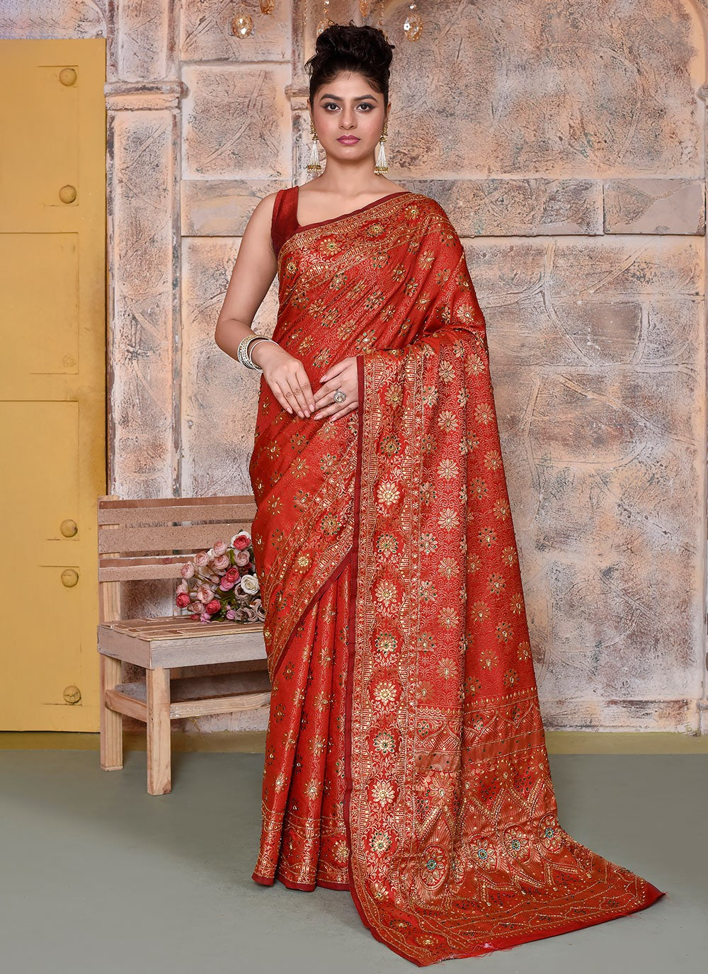 Hand Embroidery Kanjivaram Silk Red Saree S14362