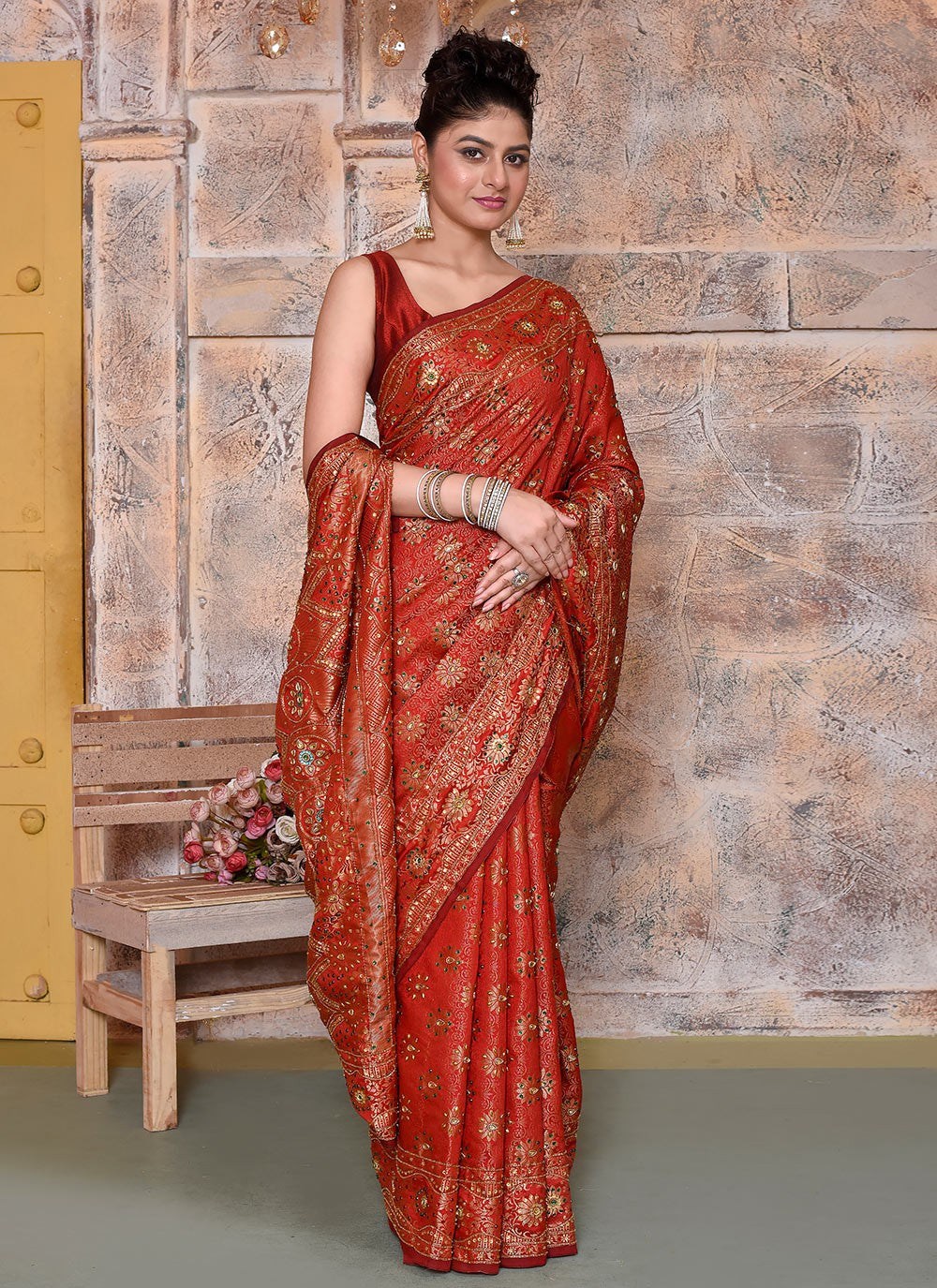 Hand Embroidery Kanjivaram Silk Red Saree S14362