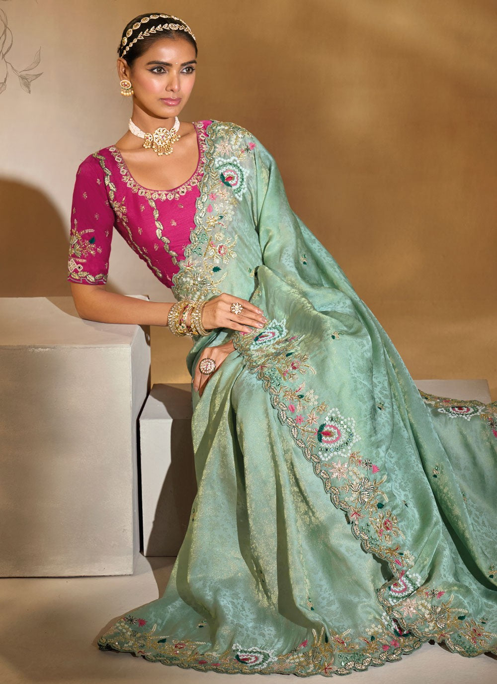 Sea Green Kanjivaram Silk Classic Saree Cutdana, Embroidered, Mirror, Thread, Zari S20149