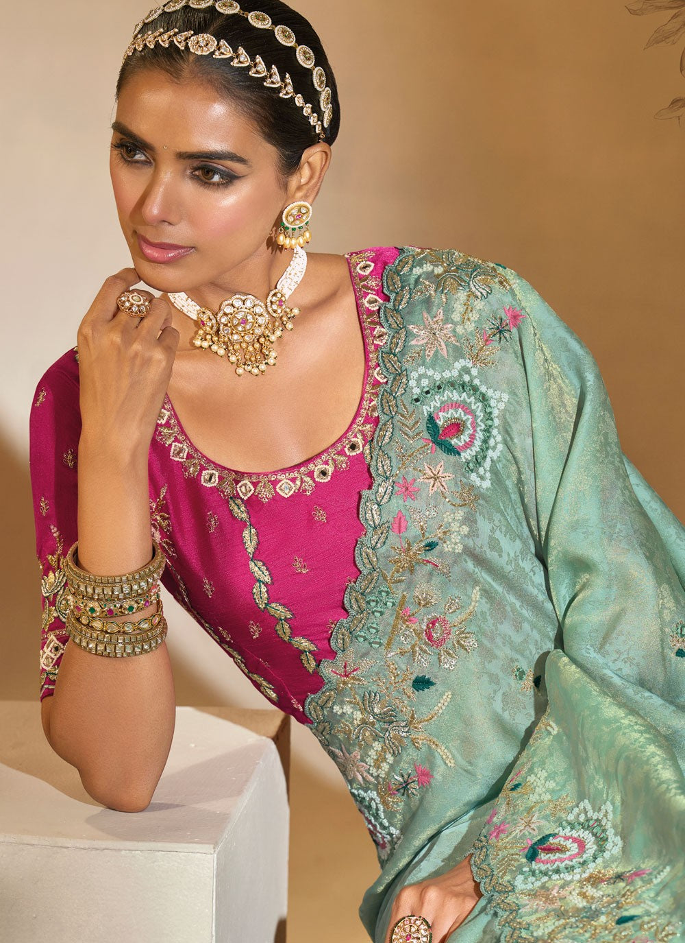 Sea Green Kanjivaram Silk Classic Saree Cutdana, Embroidered, Mirror, Thread, Zari S20149