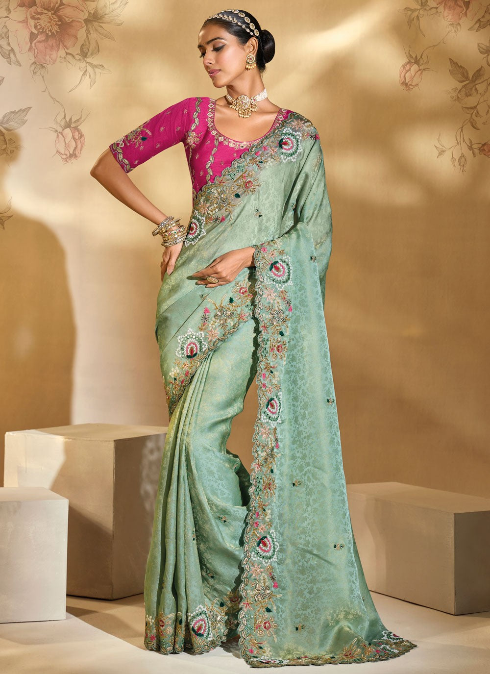 Sea Green Kanjivaram Silk Classic Saree Cutdana, Embroidered, Mirror, Thread, Zari S20149
