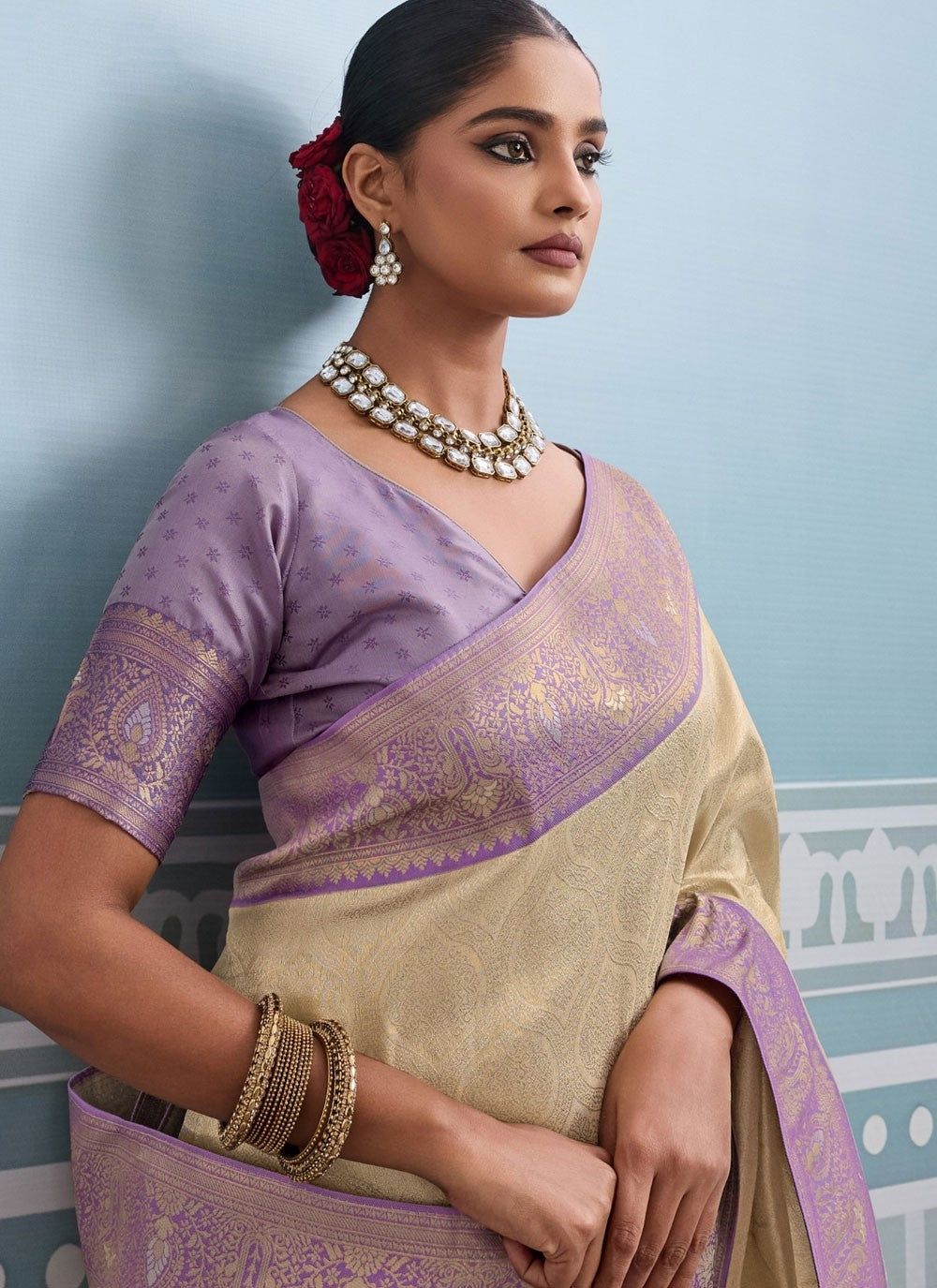 Cream Kanjivaram Silk Traditional Saree Weaving Zari S19815