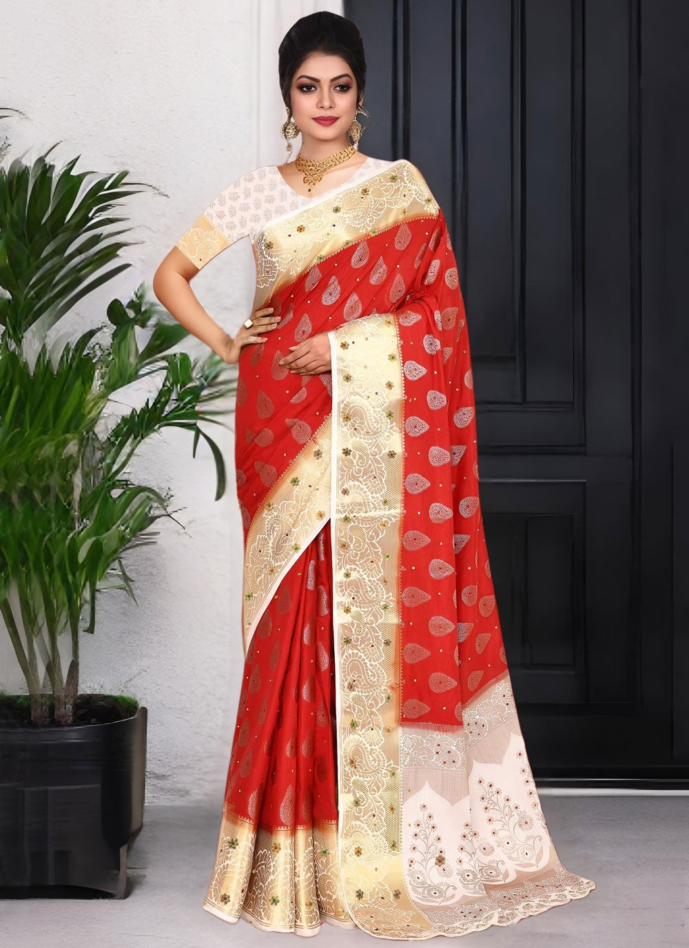 Stones Kanjivaram Silk Red Traditional Saree S15543