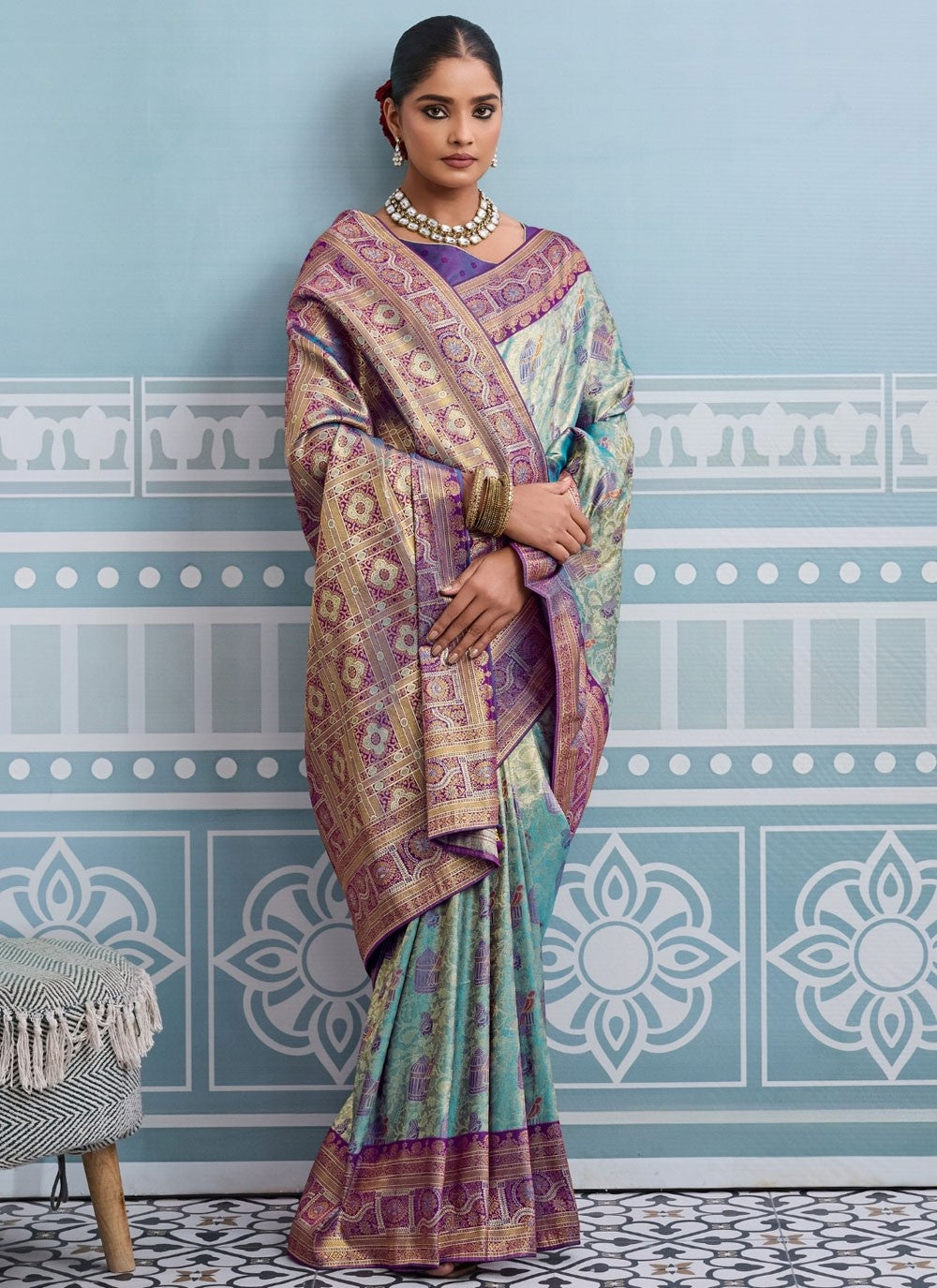Aqua Blue Kanjivaram Silk Contemporary Saree Weaving Zari S19821