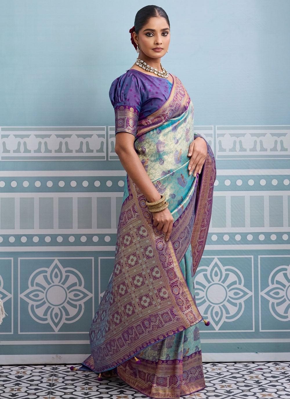 Aqua Blue Kanjivaram Silk Contemporary Saree Weaving Zari S19821