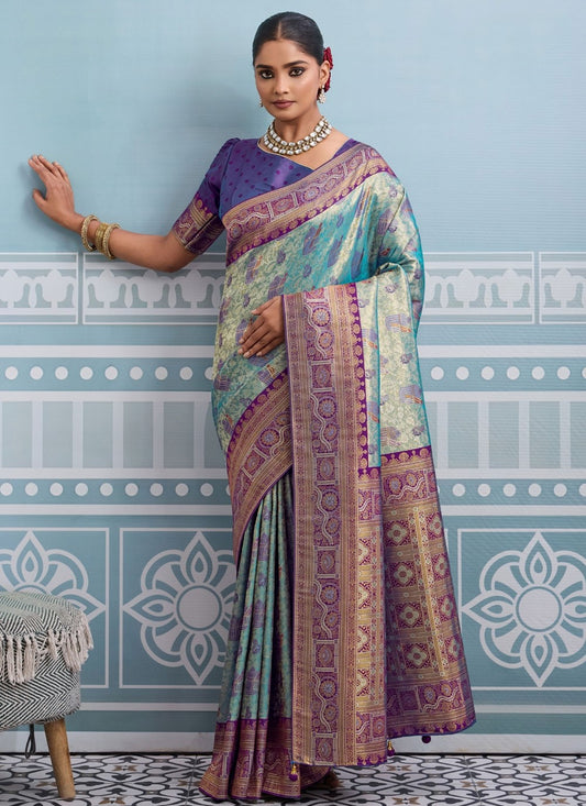 Aqua Blue Kanjivaram Silk Contemporary Saree Weaving Zari S19821