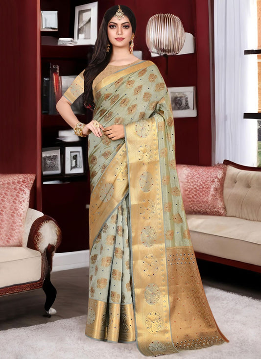 Fancy Work Kanjivaram Silk Sea Green Designer Saree S15527