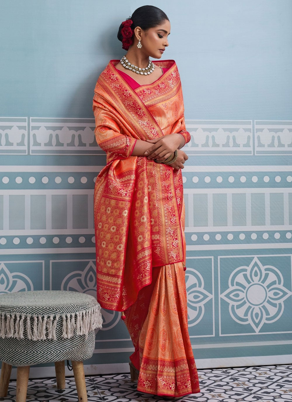 Peach Kanjivaram Silk Traditional Saree Weaving Zari S19818