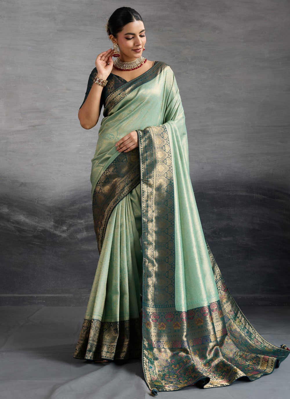 Aqua Blue Kanjivaram Silk Traditional Saree Meenakari, Woven, Zari S19105