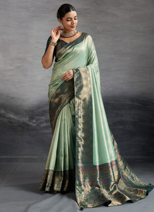Aqua Blue Kanjivaram Silk Traditional Saree Meenakari, Woven, Zari S19105