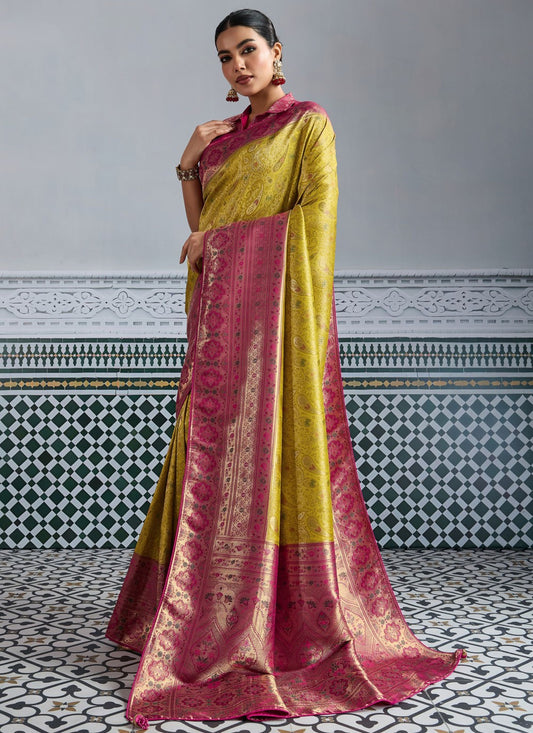 Yellow Kanjivaram Silk Contemporary Saree Jaal, Meenakari, Woven, Zari S19339