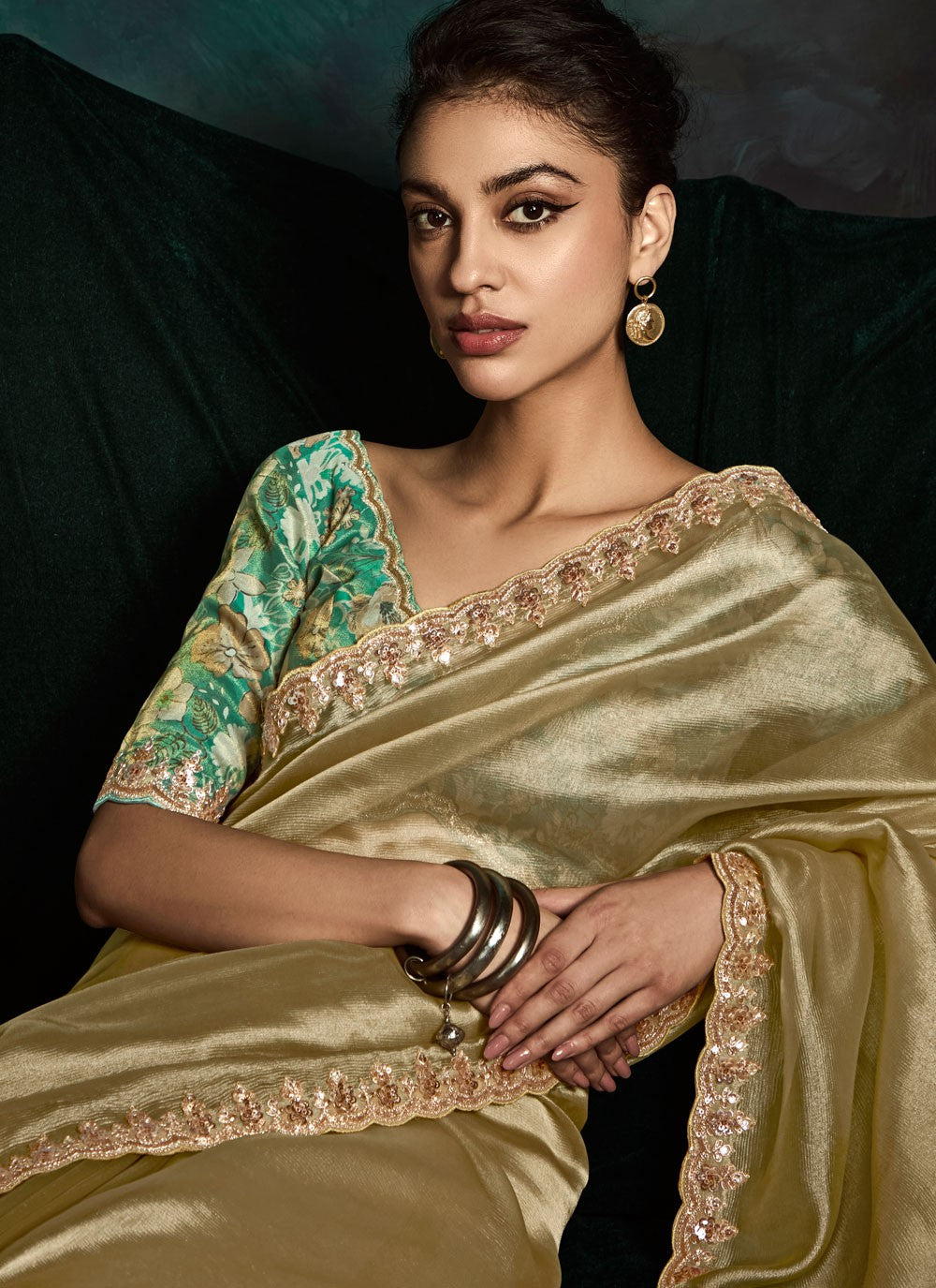 Classic Saree Border Work Khaki Fancy Fabric Saree S13453