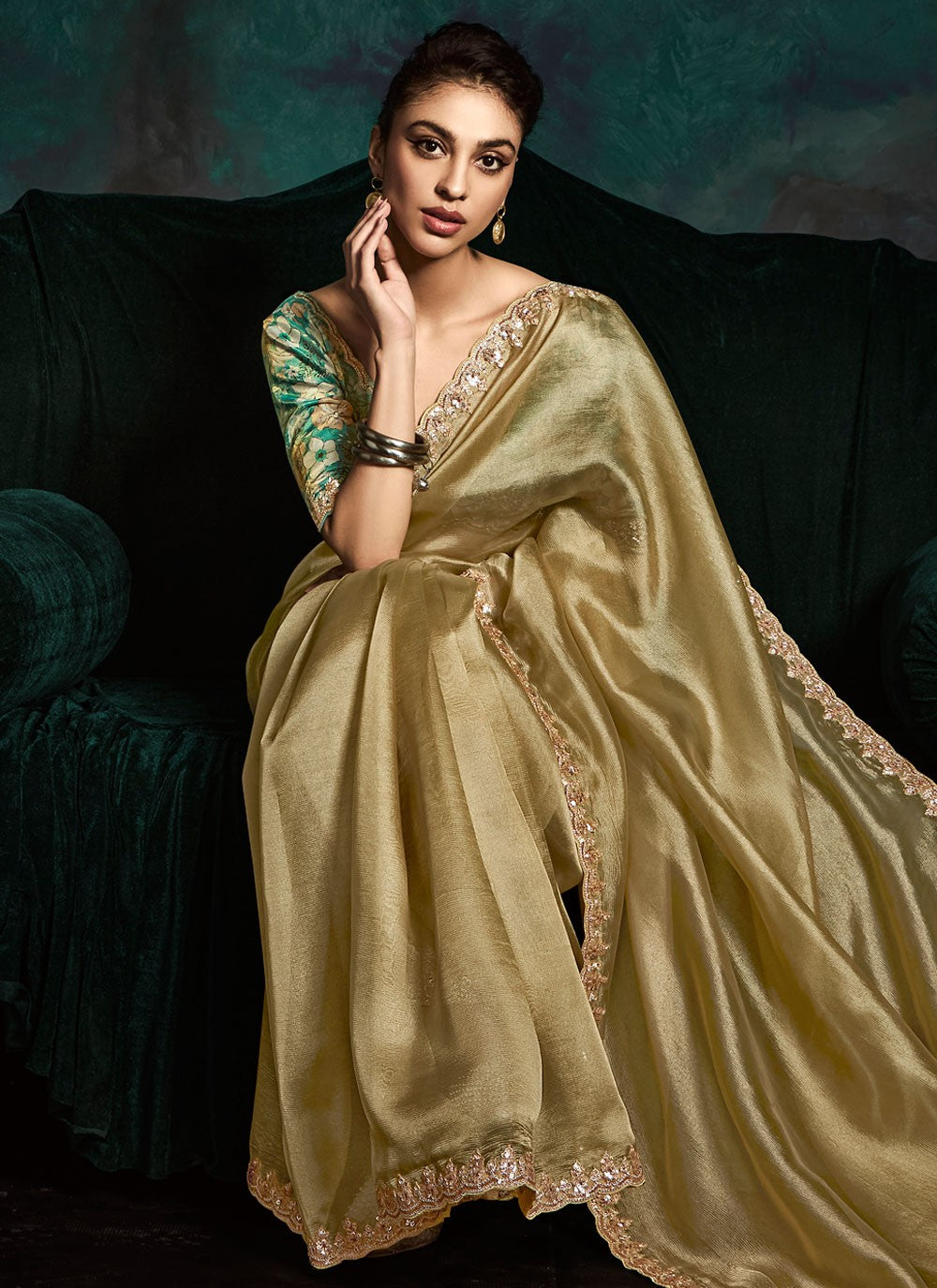 Classic Saree Border Work Khaki Fancy Fabric Saree S13453