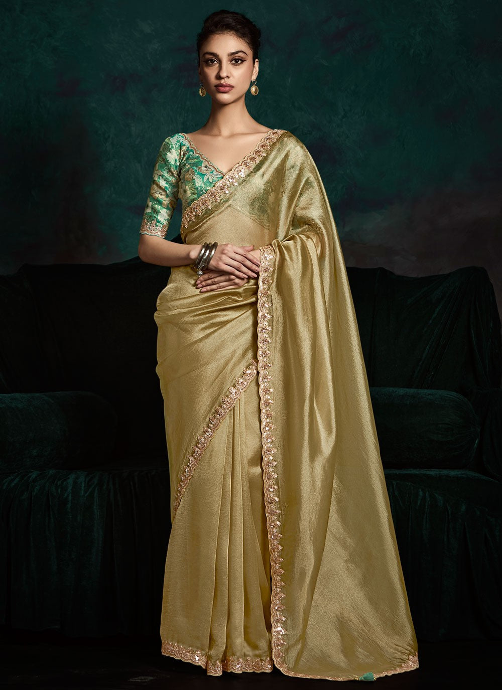 Classic Saree Border Work Khaki Fancy Fabric Saree S13453