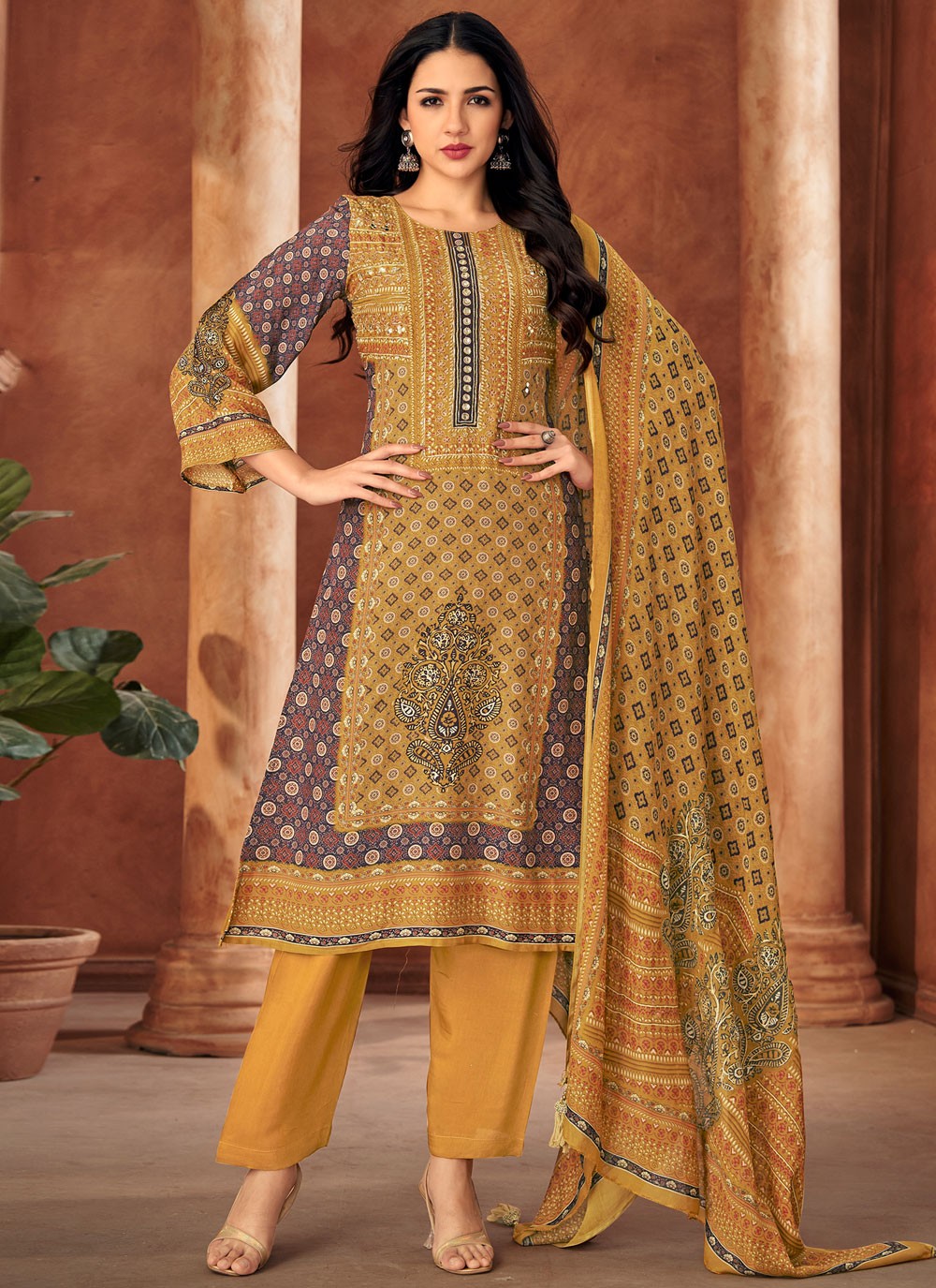 Digital Print Muslin Khaki Pant Style Suit T6374